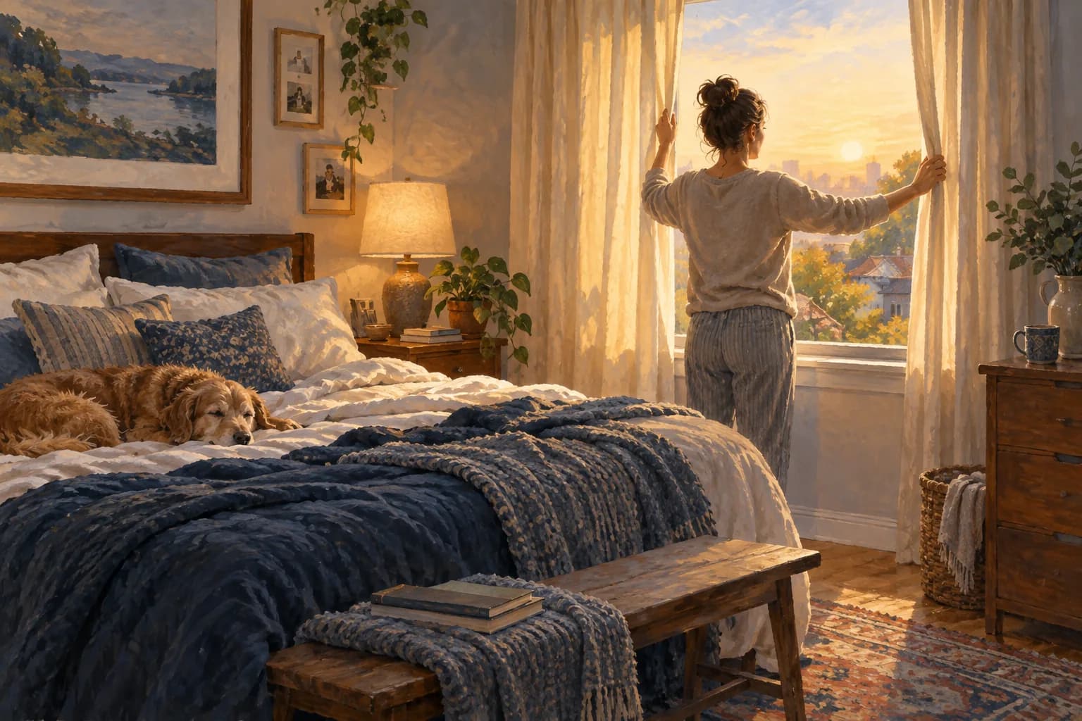 A person opening the bedroom curtains to morning light