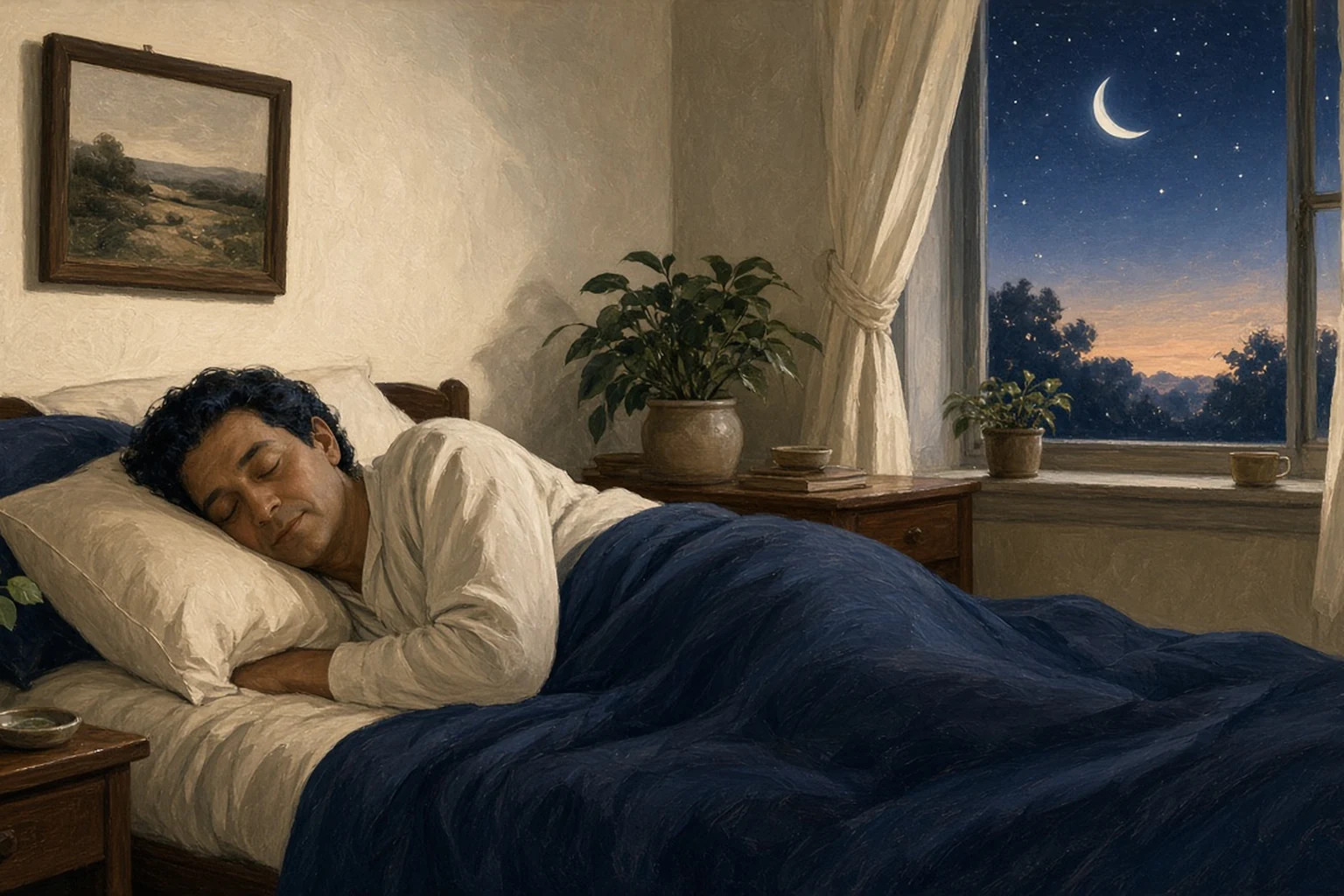 Painterly scene of a person sleeping peacefully under a navy blanket while a crescent moon and soft dawn light show through a bedroom window.