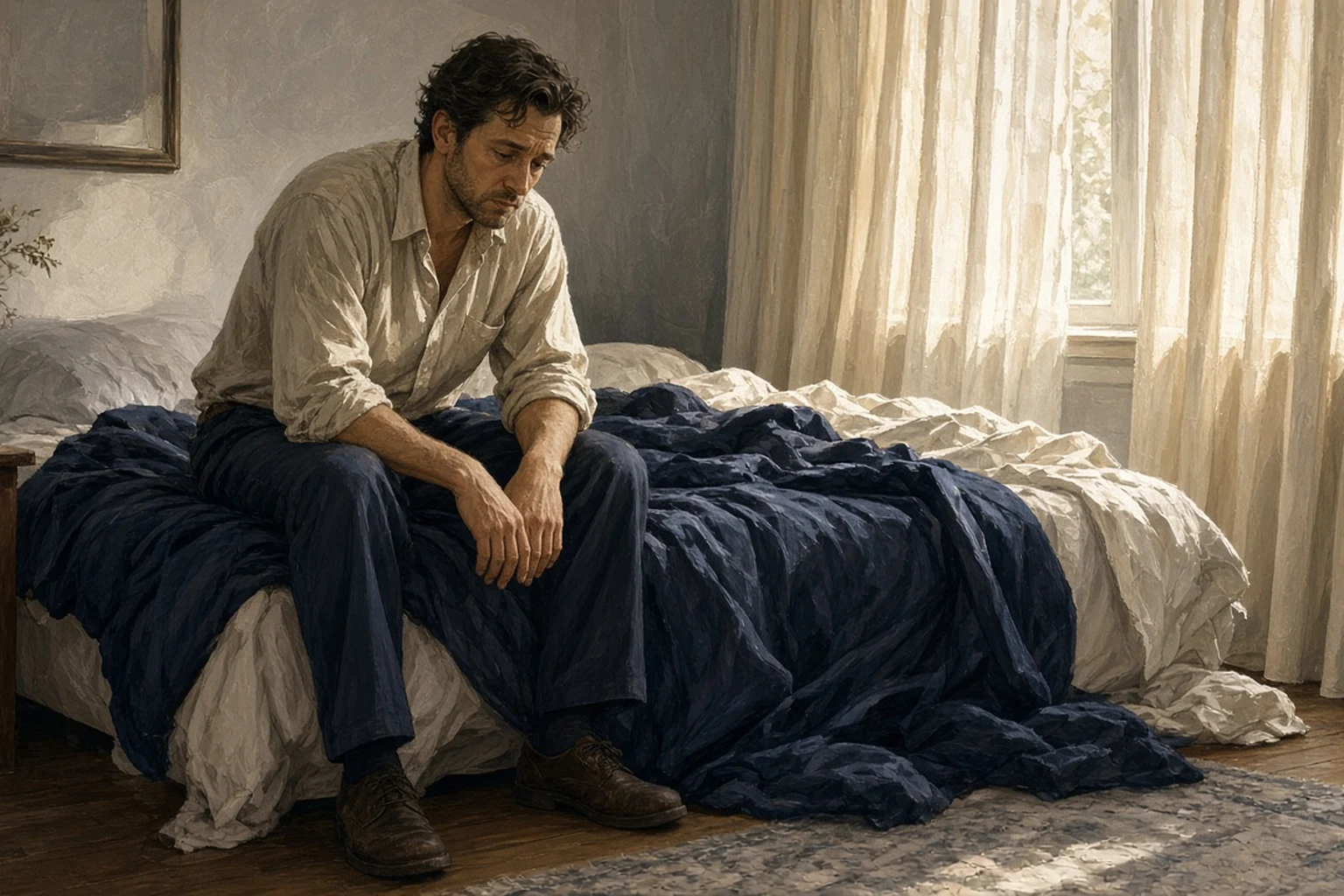 Painterly scene of a tired adult sitting on the edge of an unmade bed in daytime light, still wearing shoes, looking worn out but awake.