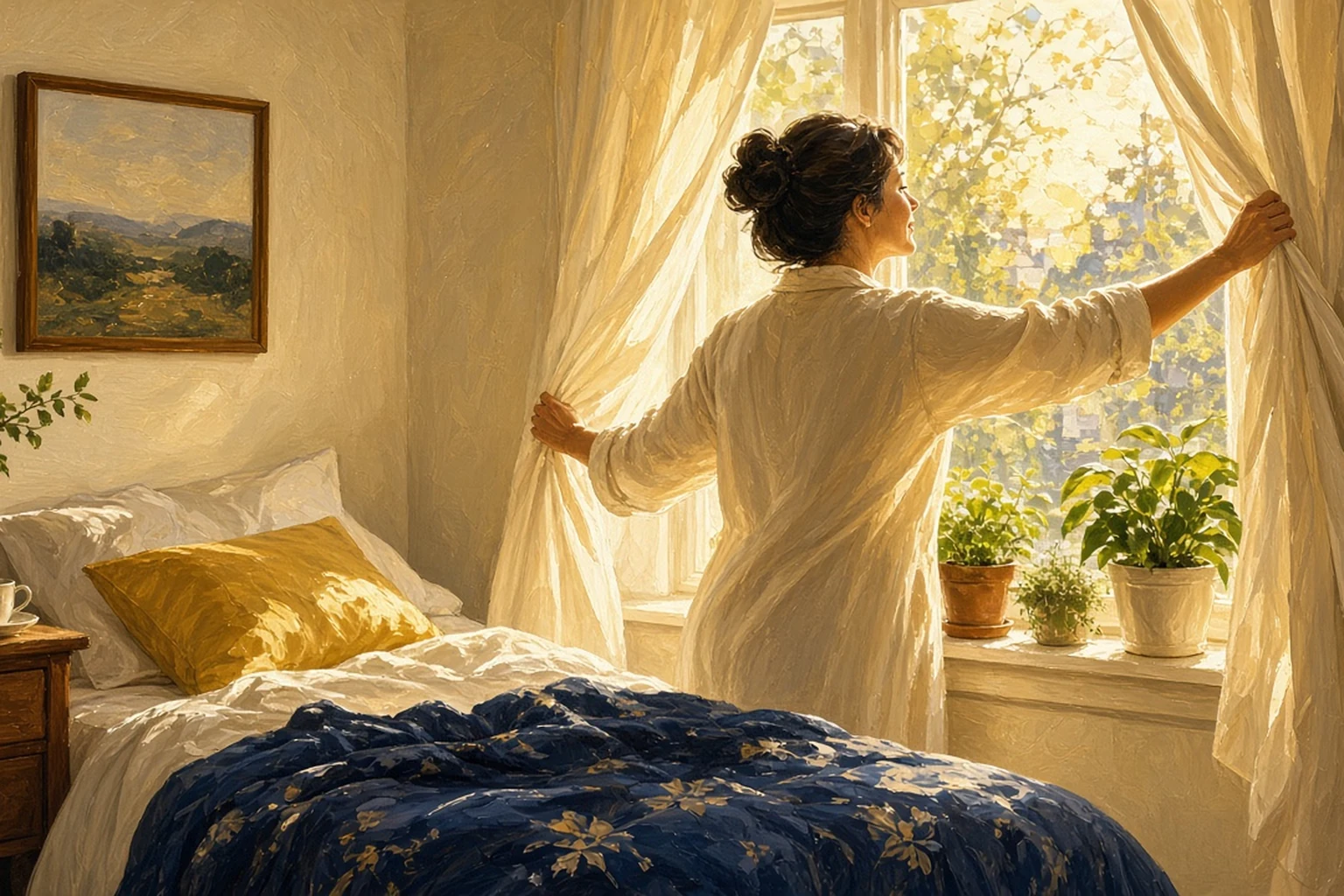 Painterly scene of a person opening sheer curtains to bright morning light in a cream-and-navy bedroom.