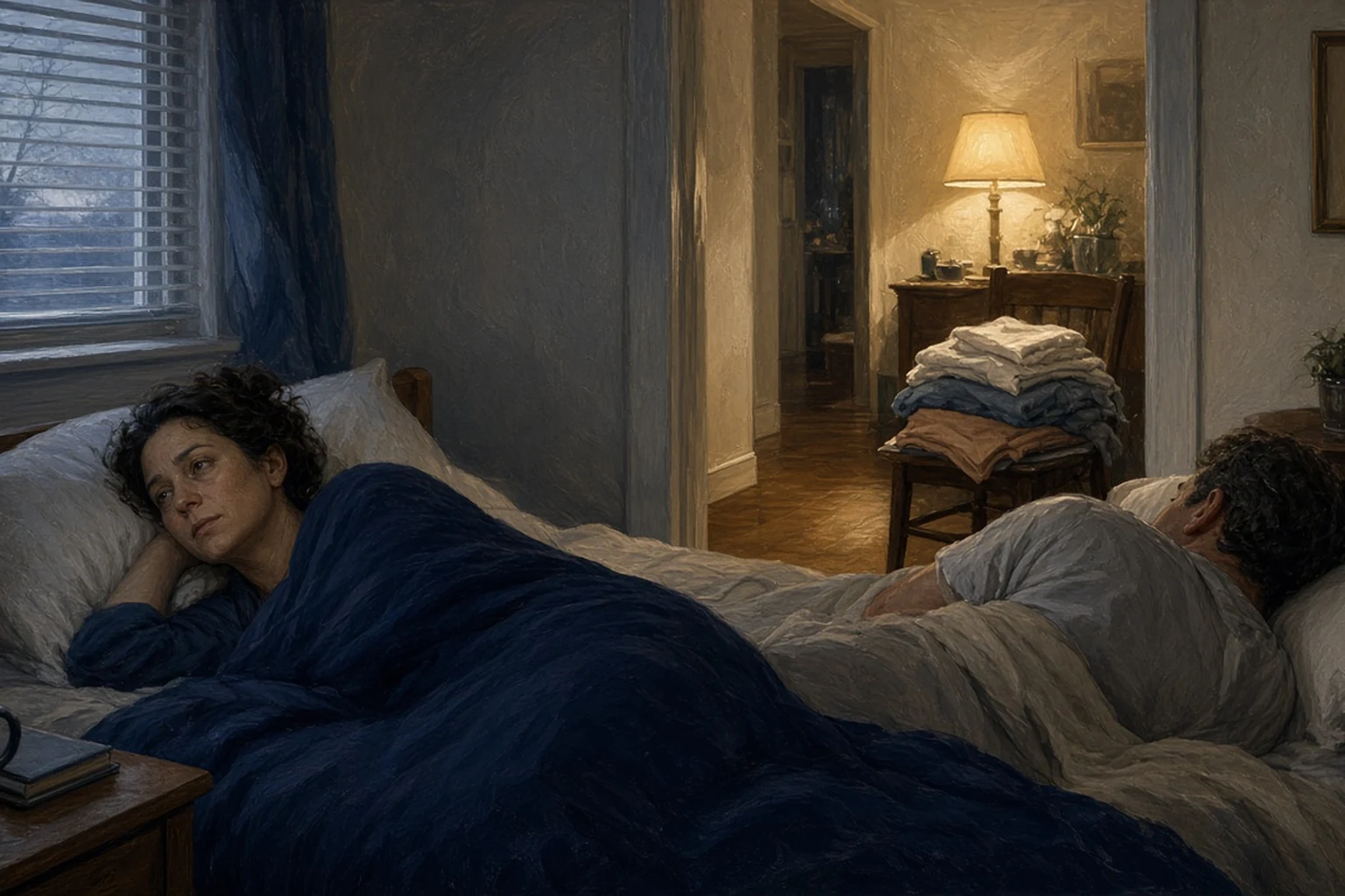 Painterly bedroom at night: one person awake under a navy blanket beside a sleeping partner, with a warm lamp and folded laundry visible through an open doorway.