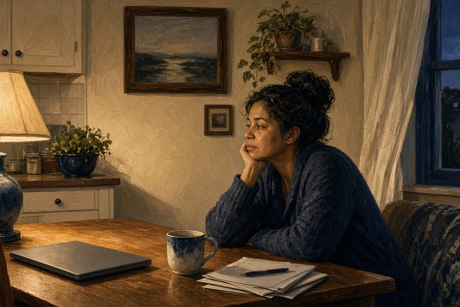 Painterly evening kitchen scene of a person at a table with a mug, closed laptop, and papers under a warm lamp, night visible at the window.