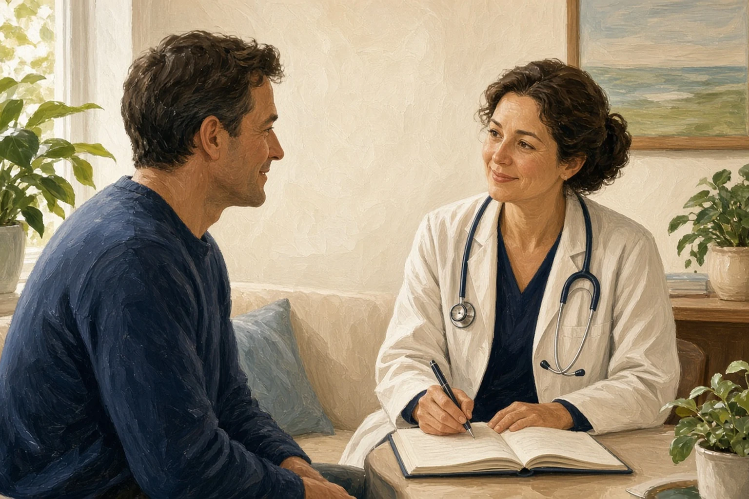 Painterly scene of an attentive clinician and an adult talking calmly in a bright, human clinic office with plants and soft daylight.