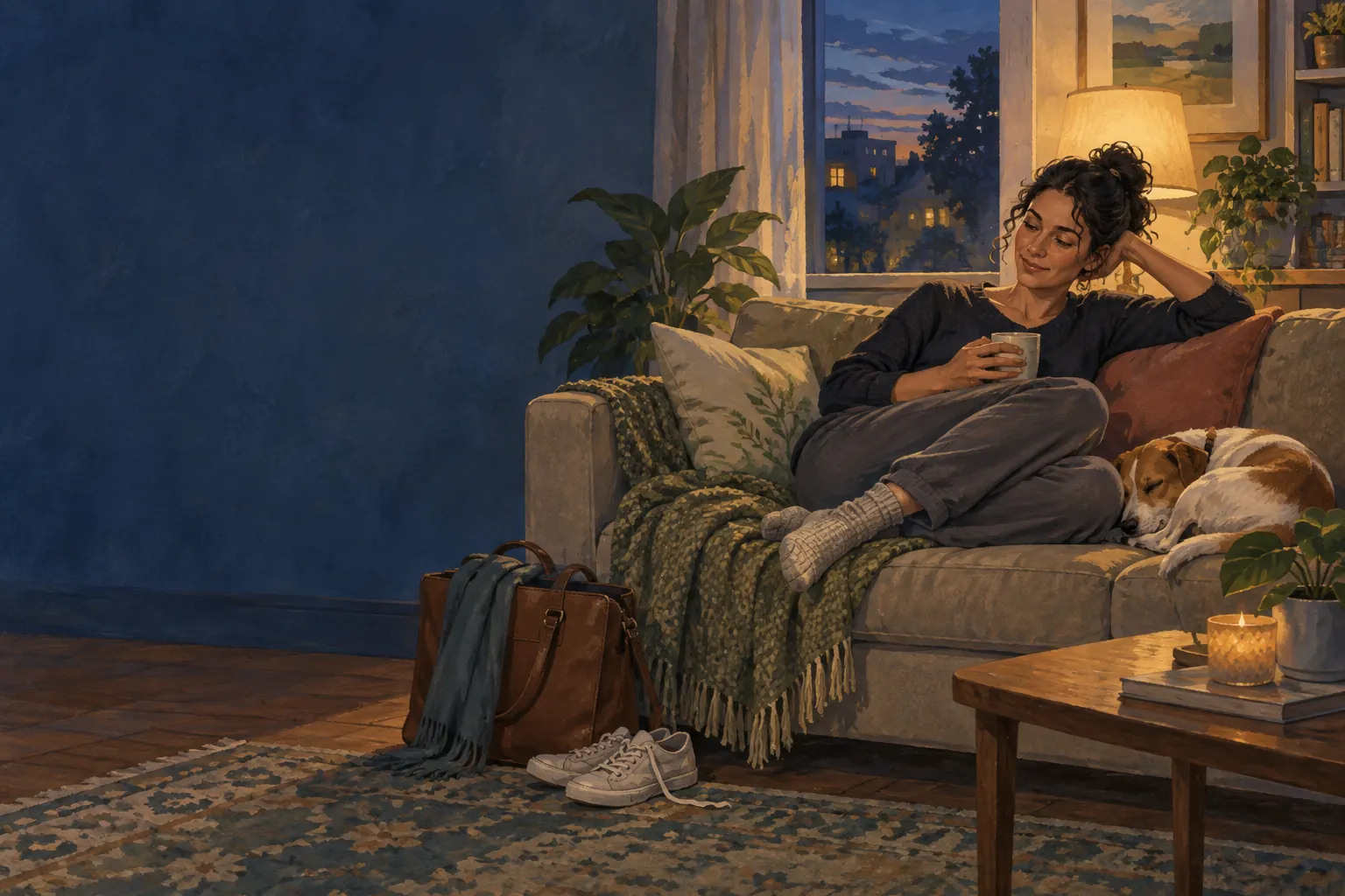 Sample month article artwork: a person resting on a couch with a drink and dog